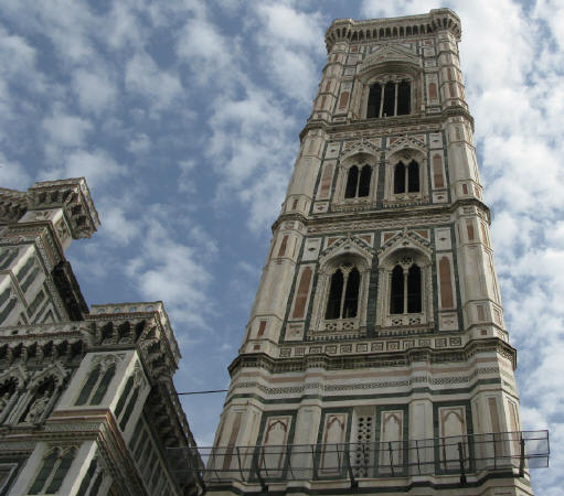 The bell tower of Santa Maria del Fiore in Florance, italy  was begun by Giotto in 1334. Also called Campanile di Giotto meaning  Giotto's Bell Tower